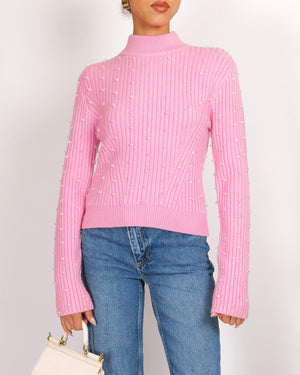 David Koma Pink Ribbed Knit Jumper with Transparent Bead Details Size L (UK 12) RRP £552