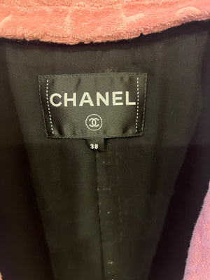 *HOT* Chanel Resort 2024 Silver Mirror Sequins Robe Coat with Detachable Pink Cloth Collar Trim and Sleeve Cuffs with Pink CC Logo Buttons Size FR 38 (UK 10)
