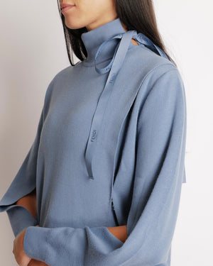 Fendi Blue Wool Long Sleeved Jumper with Logo Ribbon Detail Size IT 40 (UK 10)