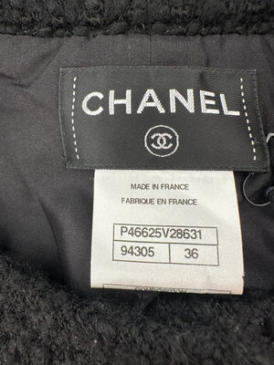 Chanel Black Tweed 3/4 Sleeve Dress with Covered Pockets and Black and Gunmetal CC Logo Button Details FR 36 (UK 8)
