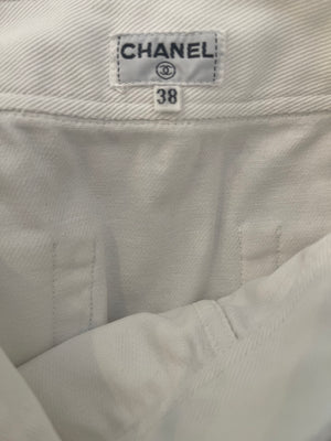 Chanel White Denim Mini Skirt with Back Logo Detail Size FR 38 (UK 10)