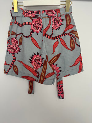 Hermès Blue and Pink Linen Floral Shorts with Tie-Up Detail Size FR 34 (UK 6)