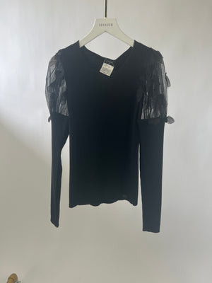 Chanel Black Ribbed Wool Jumper with Floral Tulle Sleeve Detail Size FR 40 (UK 12)