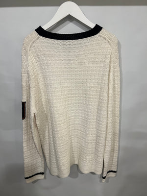 Loro Piana White Silk Knitted Jumper with NavyTrims and Monaco Arm Patch Size L (UK 12)