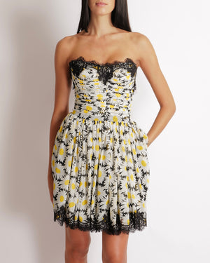Dolce & Gabbana Black and White Daisy Printed Sleeveless Mini Dress with Rouched Bustier Top Detail and Black Lace Trims Size IT 38 (UK 6)
