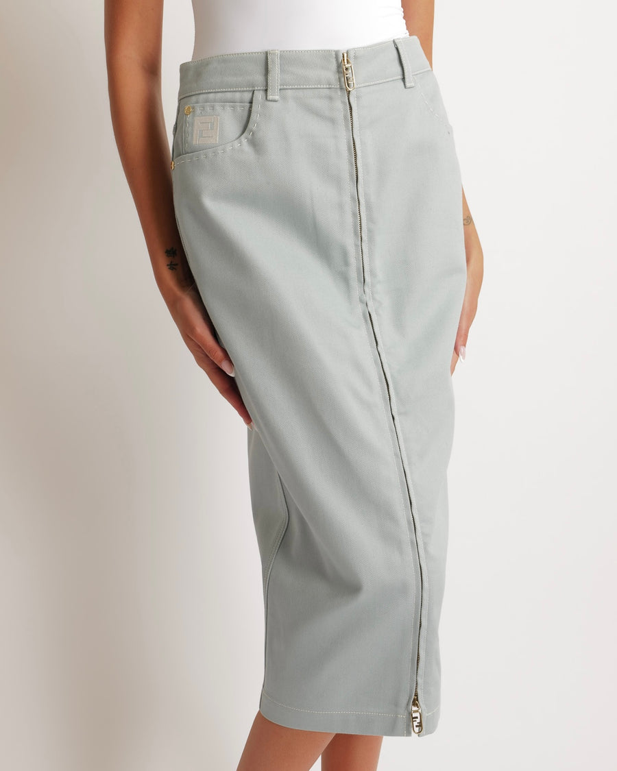 Fendi Light Blue Denim Midi Skirt with White FF Logo and Zip Detailing Size IT 42 (UK 10) RRP £950