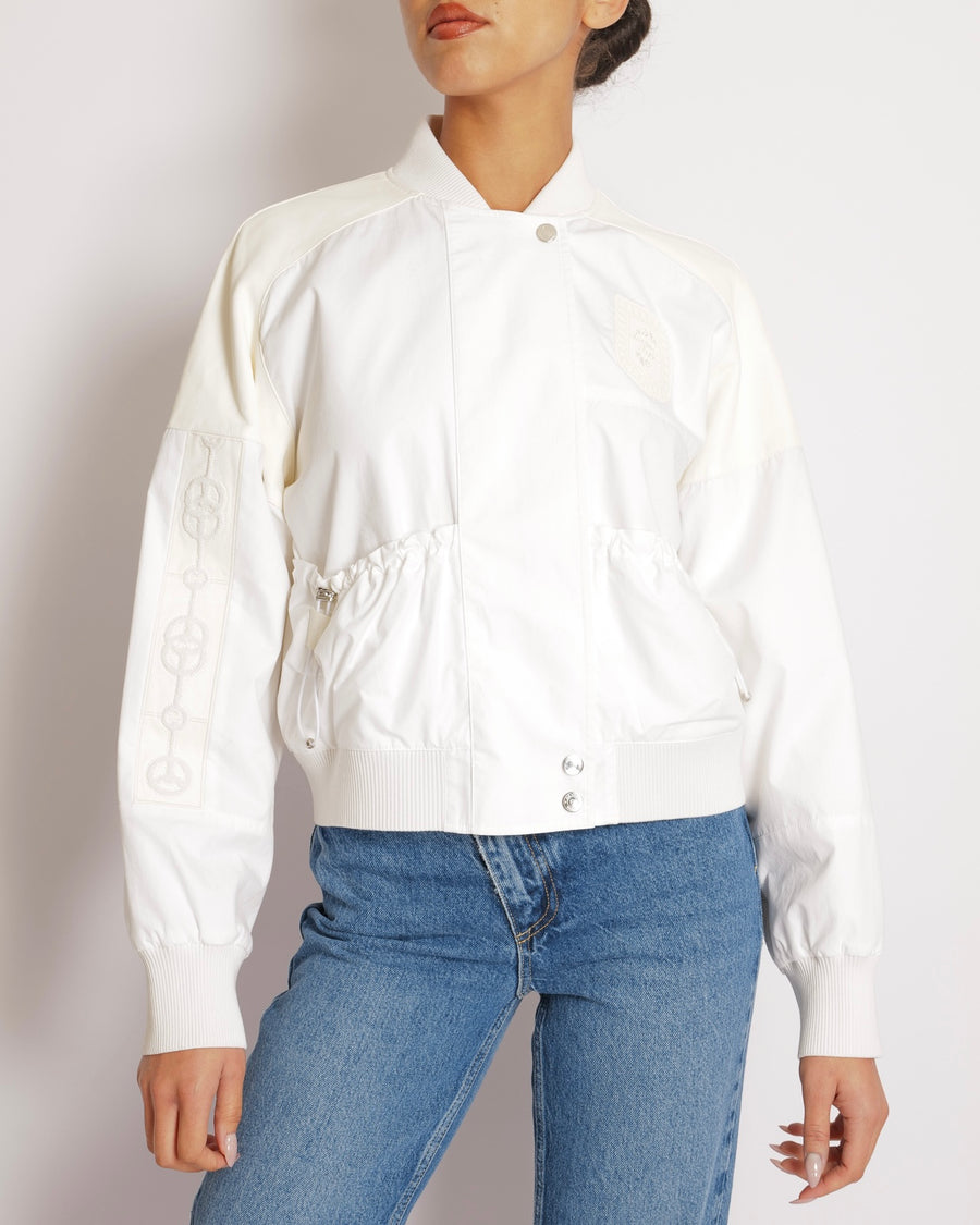 Hermès Cream Cliquetis Bomber Jacket with Leather and Logo Details Size FR 38 (UK 10)