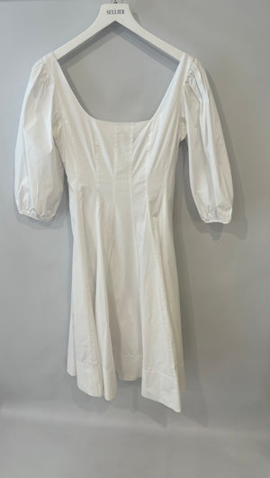 Staud White Midi Dress with Square Neckline Detail and Puff Sleeves Size US 8 (UK 12)