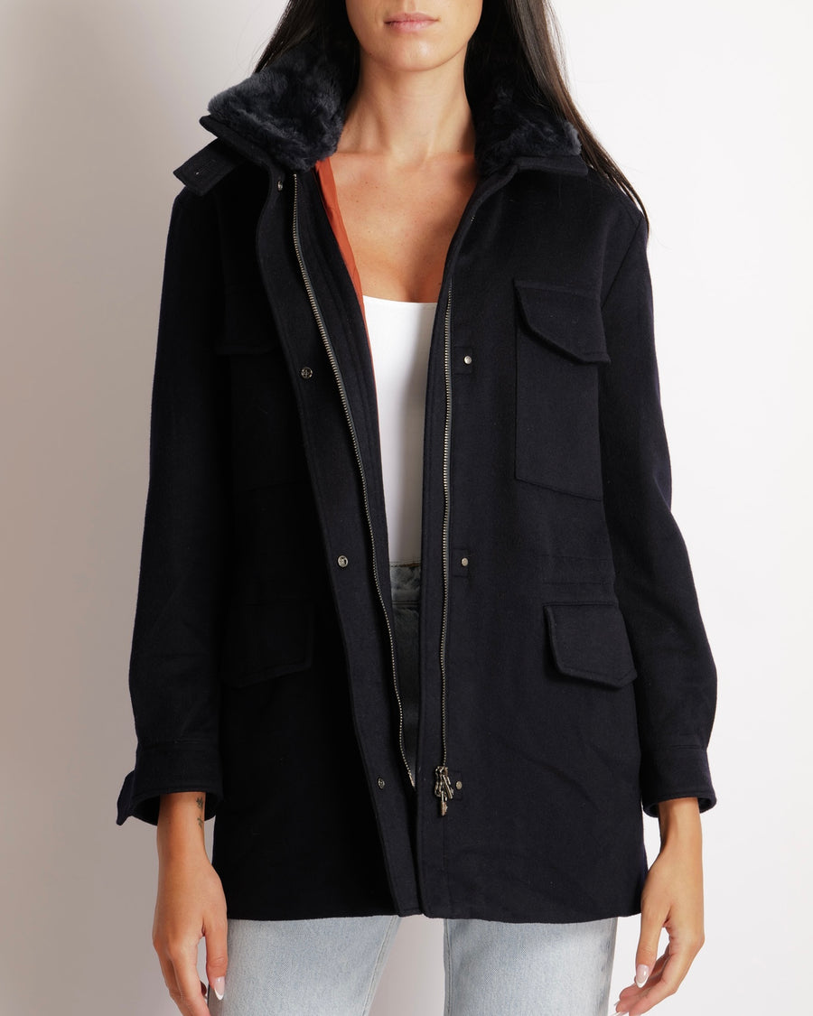 Loro Piana Navy Cashmere Coat with Nutria Fur Lined Collar and Detachable Hood Size XS (UK 6) RRP £4,885