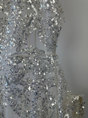 Nadine Merabi White & Silver See-Through Sequins Embellished Mesh Jumpsuit with Halter Neck Detail UK 14