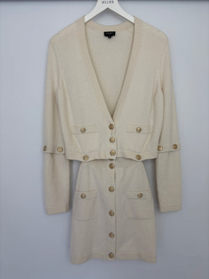 Chanel White Long-Line Cashmere Dress with Gold CC Buttons Detail Size FR 36 (UK 8)