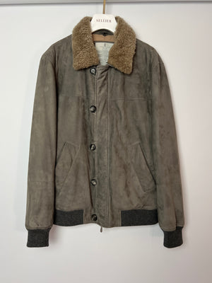 Brunello Cucinelli Grey Suede Jacket with Beige Fur Collar Size M (UK 40)
