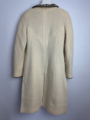 Chanel 00A Cream Long Line Tweed Coat with Black Contrast Trim and Vent Details Size FR 38 (UK 10)