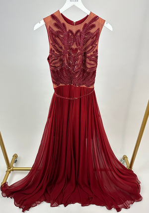 Elie Saab Red Silk Lace Sleeveless Long Dress with Embellished Detailing and Detachable Belt Size FR 36 (UK 8)