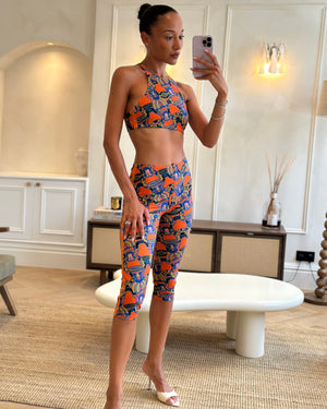 Hermes Orange & Multicolour Printed Cropped Top & Capri Trousers Bath/Gym Set Size FR 36 (UK 8)