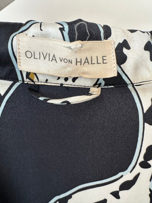 Olivia Von Halle Black & White Leopard Pattern Two-Piece Shirt and Trouser Set Size M (UK 10)