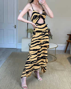 Proenza Schouler Beige and Black Zebra Print Ruffled Dress with Gold Detail Size US 6 (UK 10)