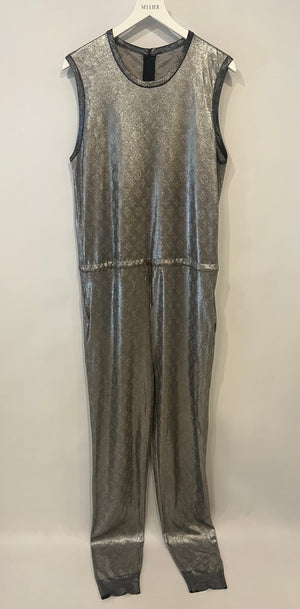 Louis Vuitton Silver Metallic Silk Jumpsuit with Monogram Logo Prints Size FR 38 (UK 10)