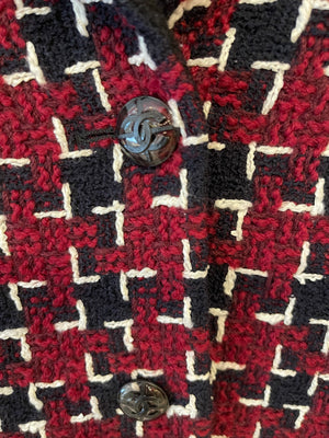 Chanel Fall 2015 Burgundy and Black Tweed Jacket with Black CC Logo Buttons Size FR 40 (UK 12)