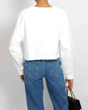 Chanel Fall 2020 White Cropped Sweater Top with Black and Gold Tweed Flower Detail with Gold CC Logo Size M (UK 10)