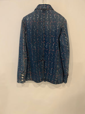 Chanel Métiers d'Art 2023 Denim Jacket with Pink and Silver Micro Sequin Details and Silver CC Logo Buttons Size FR 36 (UK 8)