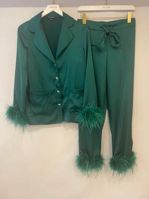 Nadine Merabi Green Satin Top and Trousers Set with Feather Trim Detail and Crystal Buttons Size UK 6/8