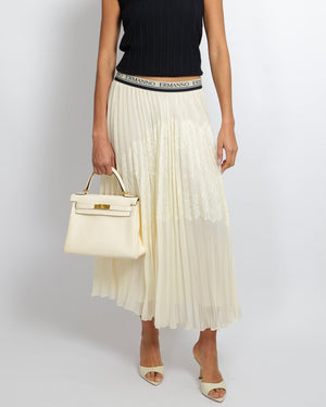 Ermanno Scervino Cream Pleated Maxi Skirt with Lace Details and Navy Logo Waistband Size IT 44 (UK 12)