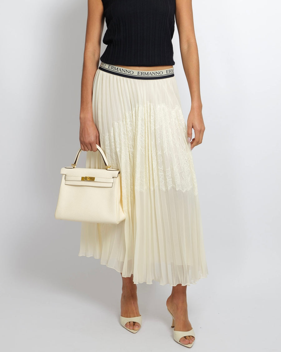 Ermanno Scervino Cream Pleated Maxi Skirt with Lace Details and Navy Logo Waistband Size IT 44 (UK 12)