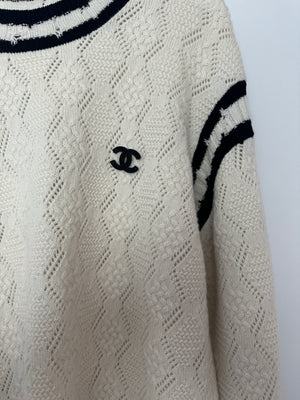 Chanel 22C Two-tone Distressed Cashmere Blend Argyle Pointelle CC Logo Pullover Sweater Size 38 (UK 10)