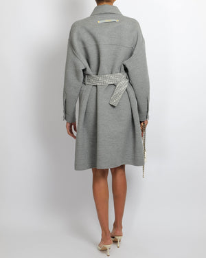 Fendi Grey Wool Belted Coat with FF Logo Lining Gold Logo Buttons Size IT 42 (UK 10) RRP £3,600