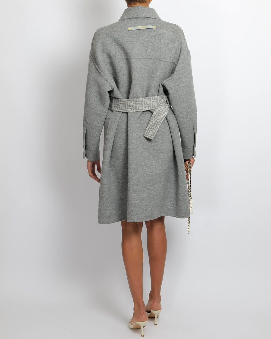 Fendi Grey Wool Belted Coat with FF Logo Lining Gold Logo Buttons Size IT 42 (UK 10) RRP £3,600