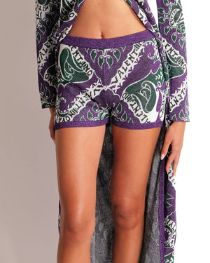 Valentino Purple, Green, and White Shimmery Long Cardigan and Shorts Set with Leaves and Logo Prints Size M (UK 10) RRP £3,650