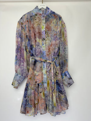 Zimmermann Blue and Pink Floral Print Sheer Rhythmic Lantern Mini Dress with Tie Belt Size 4 (UK 16)