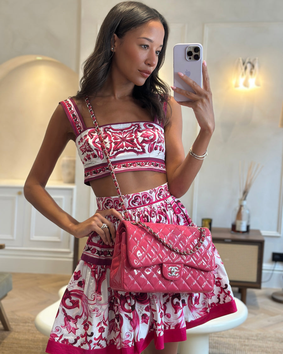 *HOT* Chanel Glossy Raspberry Pink Jumbo Classic Double Flap Bag in Patent Leather with Silver Hardware RRP £9,540