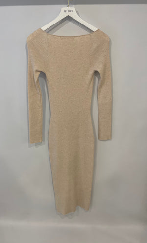 One Grey Day Beige Ribbed Long Sleeve Midi Dress Size S (UK 8)