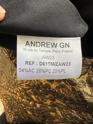 Andrew GN Belted Gold Metallic Puff Sleeve Mini Dress Size FR 38 (UK 10)