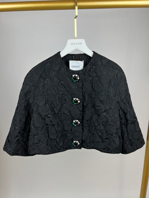 Erdem Black Jacquard Cropped Jacket with Crystal & Pearl Embroidered Button Detail Size IT 38 (UK 6)