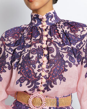 Zimmermann Pink and Purple Ramie Blouse and Linen Shorts Set with Straw Belt and Pink Beaded Buckle Detail Size 0 (UK 8)