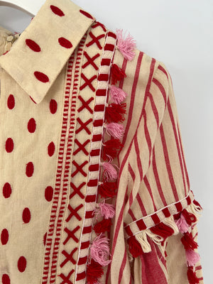 Dodo Bar Or Red Striped Long Sleeve Playsuit with Pocket Detail Size S (UK 8)