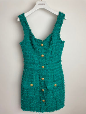 Balmain Teal Sleeveless Tweed Button Down Mini Dress With Pocket Details Size FR 36 (UK 8)