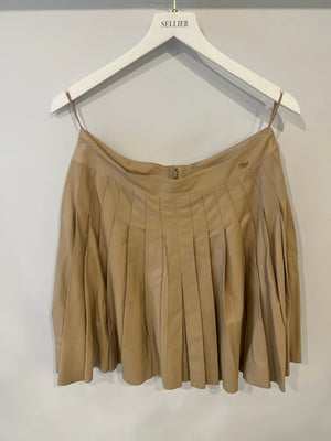 Chanel 05A Beige Leather Pleated Mini Skirt with Gold CC Logo Detail Size FR 42 (UK 14)