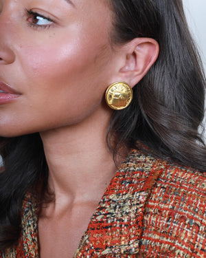 Celine Paris Vintage Yellow Gold Circle Handbag Pattern Clip-On Earrings