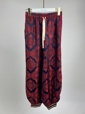 Gucci Red and Blue Silk GG & Floral Jacquard Trousers Size XXS (UK 4)