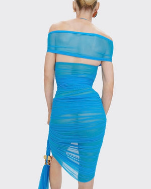 Schiaparelli SS/25 Blue Braided Ballerina Neckline Mini Dress Size FR 36 (UK 8)