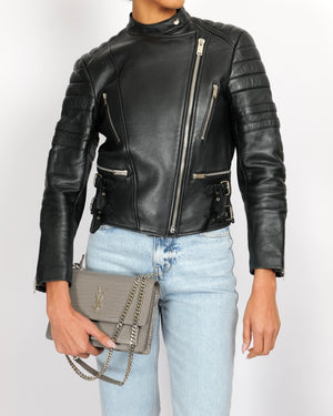 Céline Black Sheepskin Leather Jacket with Silver Zipper and Buckles Details Size FR 40 (UK 12)