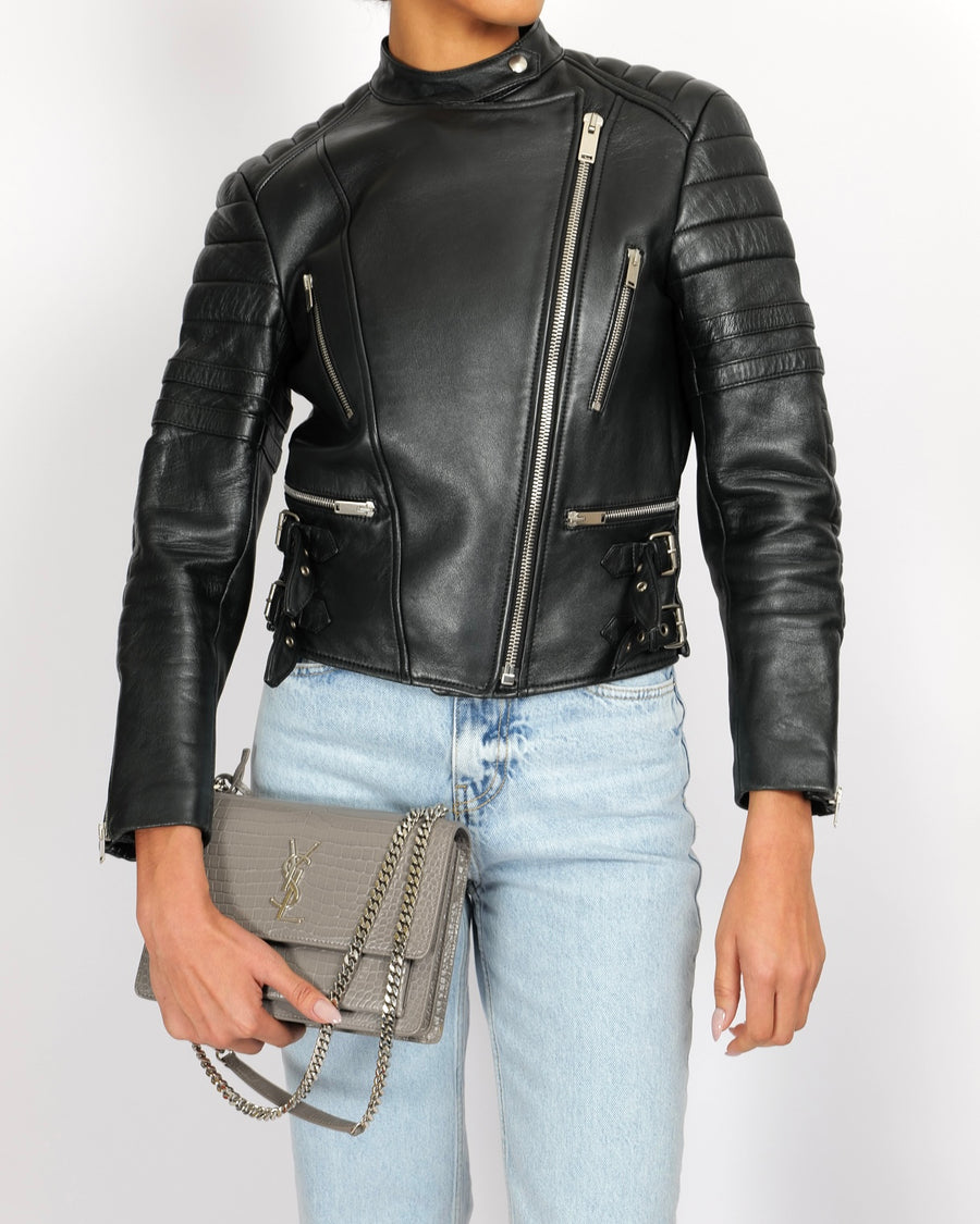 Céline Black Sheepskin Leather Jacket with Silver Zipper and Buckles Details Size FR 40 (UK 12)