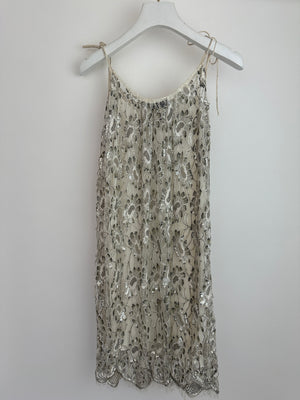 Saint Laurent White & Silver Floral Sequin and Bead Embroidered Mini Dress with White Slip Size FR 36 (UK 8)
