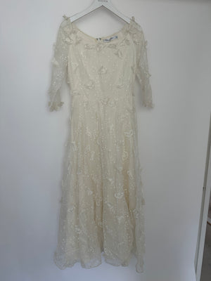 Christian Dior White Long Sleeve Maxi Dress with Floral Appliqué Detail Size FR 36 (UK 8)