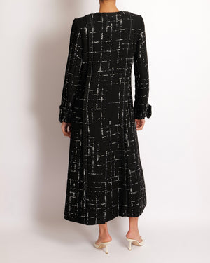 Chanel Black and Silver Metallic Wool Tweed Long Coat with Silver and Clear CC Logo Buttons Size FR 38 (UK 10)