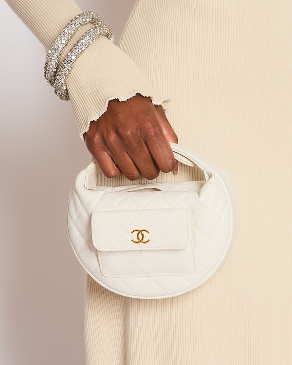 Chanel White Quilted Polly Pocket Hobo Bag in Caviar Leather with Gold Hardware
